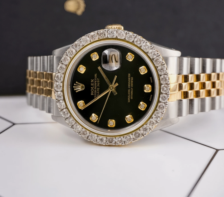 Rolex Datejust 36mm YG/Steel 2.25ct Diamonds Black Dial Hidden Clasp Watch