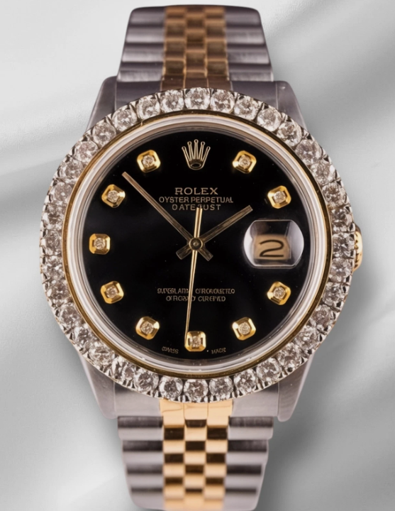 Rolex Datejust 36mm YG/Steel 2.25ct Diamonds Black Dial Hidden Clasp Watch